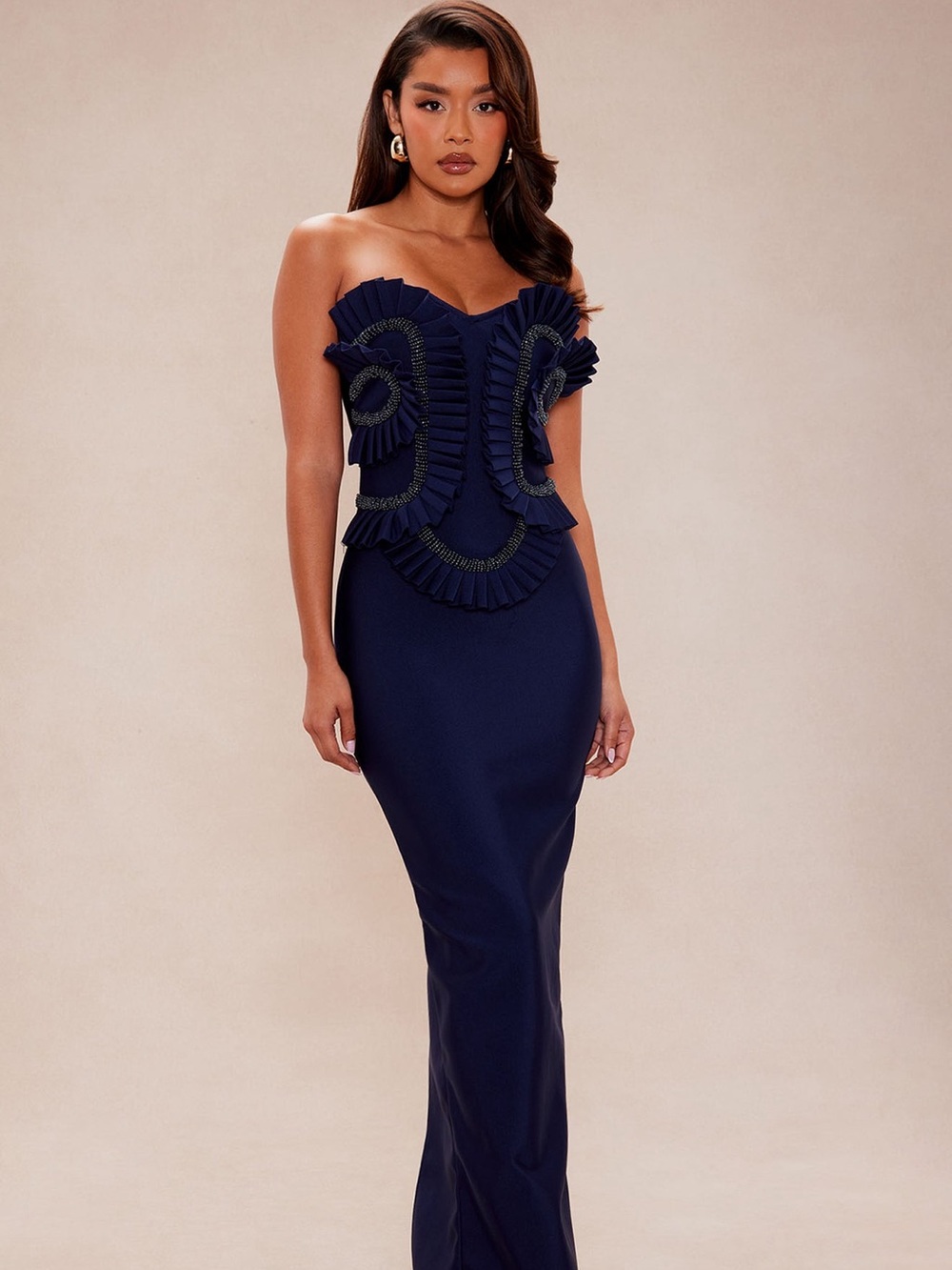 Fashion Nova Strapless Navy Ruffle Detail Bandage Gown